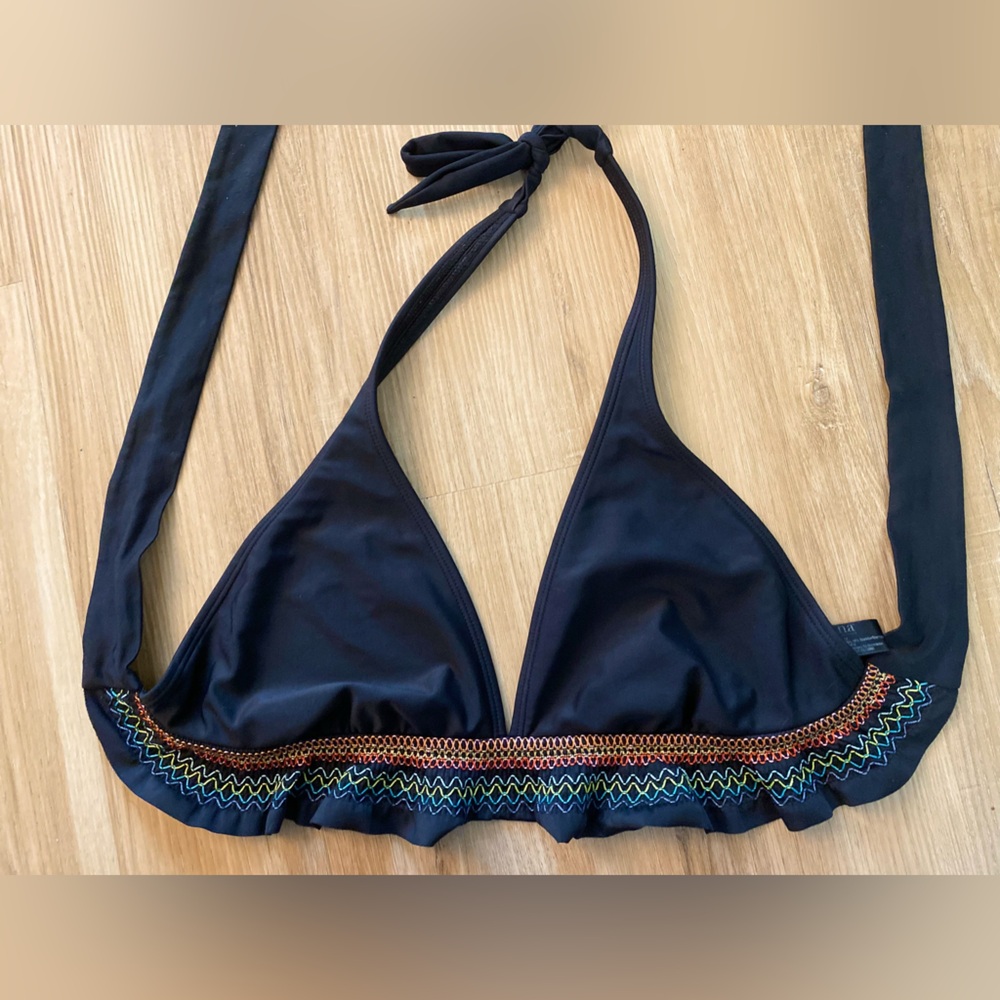 😍😍a.n.a Black Halter Bikini Top with Multicolor Embroidered Trim